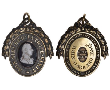 Pitt Club, an oval gilt badge, bust in white onyx on black onyx field, rev. named (John Garrard Esqr), 45 x 40mm (D & W 176/5