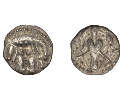 Early Anglo-Saxon Period, Sceatta, Secondary series V, type 7, she-wolf right, looking down, suckling twins, rev. nightingale