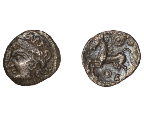 British Iron Age, ICENI, Early Uninscribed issues, silver Unit, Bury type, female head left, wearing diadem, rev. prancing ho