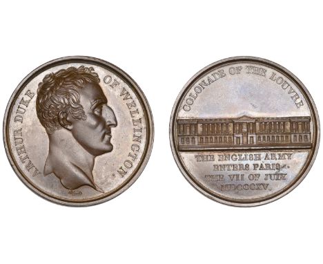 English Army Enters Paris, 1815, a copper medal by N. Brenet for Mudie, bare head right, rev. view of the Louvre, 41mm (Eimer