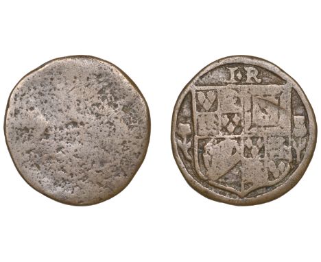 James I, c. 1610, a base-metal cast uniface medallion, Royal arms on shield, i r above, rose to left, thistle to right, 9.98g