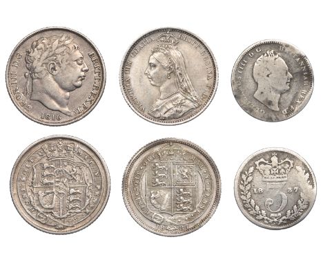 George III (1760-1820), New coinage, Sixpence, 1816, l over i in mal (ESC –; S 3791); William IV, Threepence, 1837, large hea