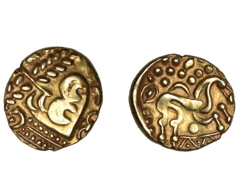 British Iron Age, Early Uninscribed issues, Stater, British I (North East Coast type), wreath, cloak and crescents, rev. disa