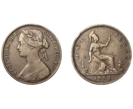 Victoria (1837-1901), Penny, 1861, dies 4+D, missing leaf variant, 14 leaves in wreath (Gouby BP 1861 EA; F –; S –). Fine, ex