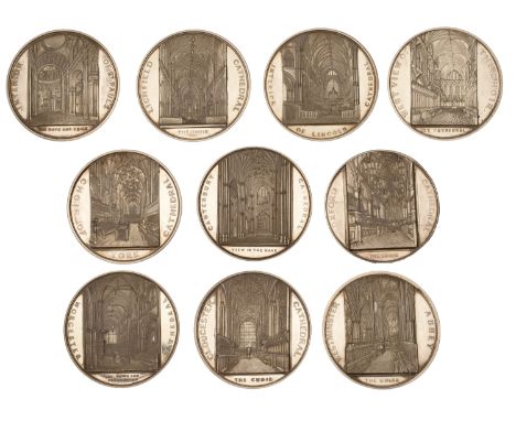 A set of ten silver architectural medals by Fattorini, c. 1975, from original dies by J. Davis, c. 1850, most showing an exte