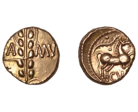 British Iron Age, CATUVELLAUNI, Cunobelin (8-41 AD), Stater, Linear type [class 2], ear of barley with five pairs of grains d