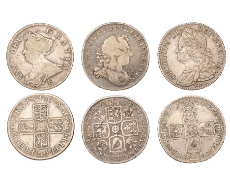 Anne, Halfcrown, 1707e, edge sexto (S 3605); George I, Halfcrown, 1715, roses and plumes, edge secvndo (S 3642); George II, H
