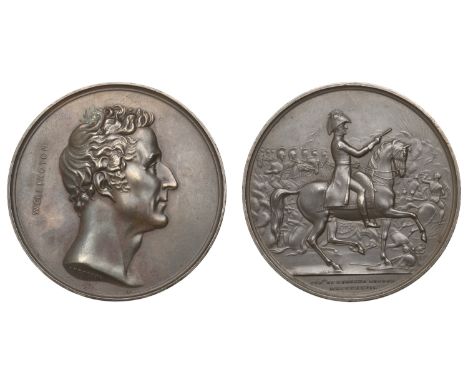 Commander-in-Chief of the Army, 1827, a copper medal by J. Henning, bare head right, rev. Wellington on horseback right, 63mm