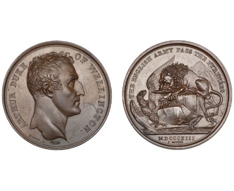 English Army Passes the Pyrenees, 1813, a copper medal by N. Brenet for Mudie, bare head right, rev. British lion subduing Fr