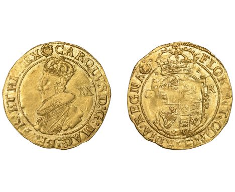 Charles I (1625-1649), Tower mint, Unite, Gp C, class IIa, mm. rose [1631-2] over plume, carolvs d; g; mag; br; fr; et hi; re