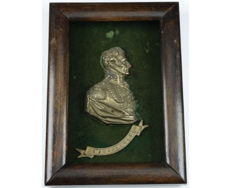 Duke of Wellington, a uniface brass portrait, unsigned, uniformed and draped bust right, approx. 180 x 120mm. Minor staining,