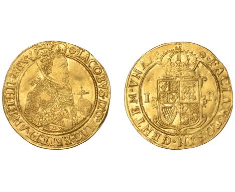 James I (1603-1625), Second coinage, Unite, mm. rose [1605-6], iacobvs. d; g; mag; brit; fran; et. hib; rex., half-length sec