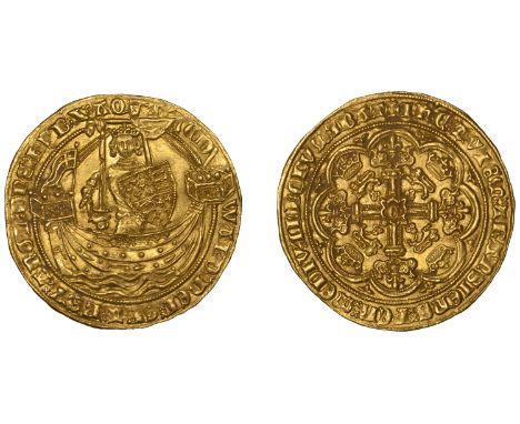 Edward III (1327-1377), Treaty period, Noble, Calais, type b, single trefoils by z, otherwise double saltire stops, a unbarre