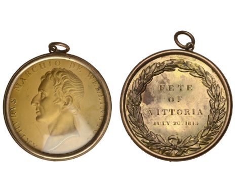 Fête of Vittoria, 1813, gilt-copper uniface strikings of the obv. and rev. of the medal by T. Halliday, set together in a bra