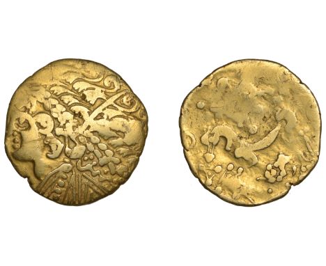 British Iron Age, GALLO-BELGIC, Stater, series Ab [Ambiani], laureate head of Apollo left, rev. horse left, pellets and ornam
