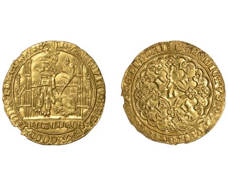 Low Countries, FLANDERS, Louis de Male, Lion d’or, c. 1365-70, Ghent, helmeted lion seated left within Gothic stall, rev. orn