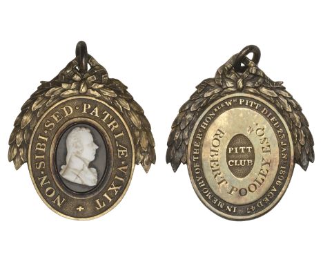 London Pitt Club, an oval silver-gilt member's badge, c. 1810-15, cameo portrait of William Pitt by Tassie on black glass, se