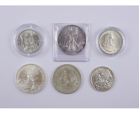 6 Münzen, unterschiedliche Länder, Silber, Gesamt-Gew.139,8g American Silver Eagle 1 Unze 1994, 999,9/1000 Silber; Mexico, 5 