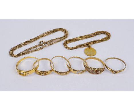 Konvolut Schmuck: 6 Ringe, 2 Ketten, 1 Anhänger, 333er Gold Gesamt-Gew.12,06g; Ring teilw.mit Steinbesatz (1 Ring, fehlender 
