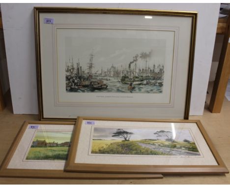 A framed print 'The Pool London Bridge' plus artist signed prints Andrew Dibben 'Cley-Next-The-Sea' and 'Coastroad Weybourne 