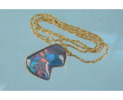 An 18ct gold mounted opal triplet pendant with brooch fitting on 18ct gold necklace, total weight approx 12.6g