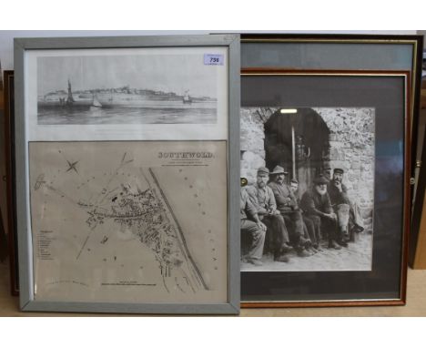 A framed print taken from Mr Wake's History of Southwold a map of the town plus a view of the South East beach, 39cm x 50cm, 
