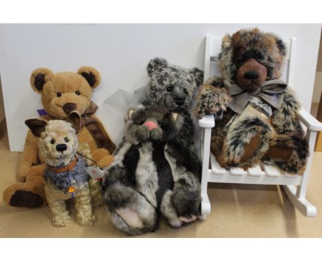 A Charlie Bear torquil, a Suki William bear, a Bearhouse bear, a Kaycee bear, Valentino and a Clemence bear dog plus a Charli