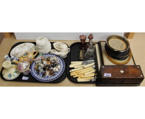Mixed items including Victorian Staffordshire childs part dinner service, miniature china animals, assorted prints in oval fr