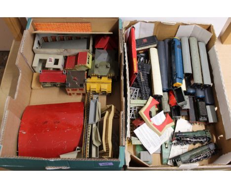 Two boxes of mixed vintage Hornby train sets and accessories including two engines, carriages and tenders, various buildings 