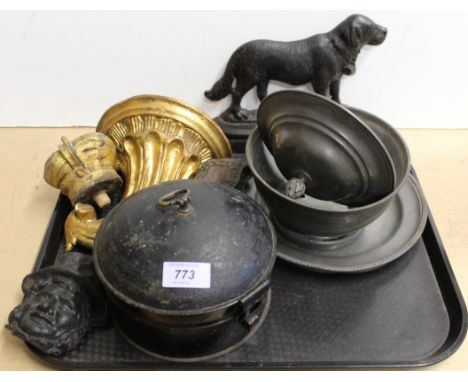 Mixed items including a gilt wall bracket and crown finial, jappaned tin spice box, pewter plate and bowl (as found) plus a c