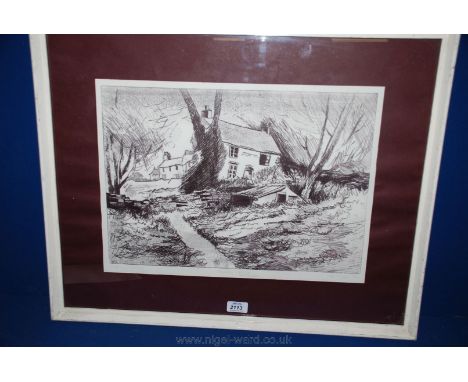Al Jones A.R.B.S.A. Penally Village, Pembroke. A mono-print., signed and dated 1974, with gallery label