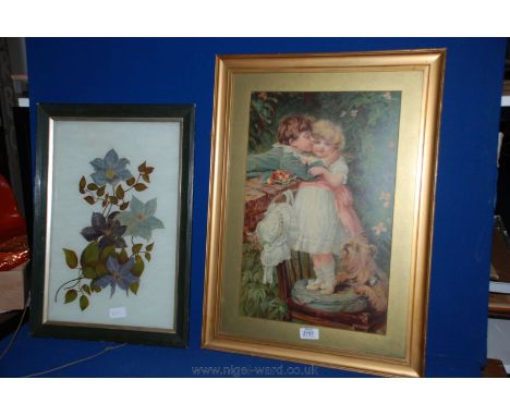 A framed and mounted Pears Print depicting a young girl standing on a chair with a young boy leaning in with a kiss, 15'' x 2