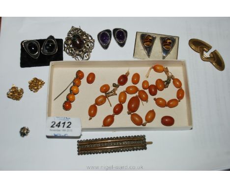 A honey amber bar Brooch, loose amber Beads, opal brooch, etc.