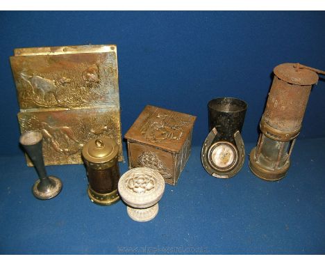 A quantity of Brass and other metal including art nouveau Box lined with wood, letter rack, Davy lamp, a/f, etc. 
