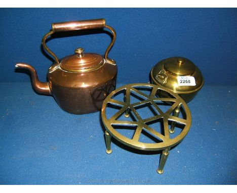 A Brass Lipton Tea Caddy, to commemorate British Empire Exhibition 1925, a small Copper Kettle and a Brass Trivit