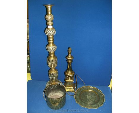 A Brass tray and jardiniere, tall candlestick and lamp stand.