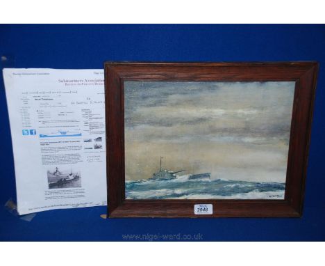 An Oil on canvas of a Supergun Submarine in stormy seas, signed lower right R. Henry, dated 1917 and with submariners informa