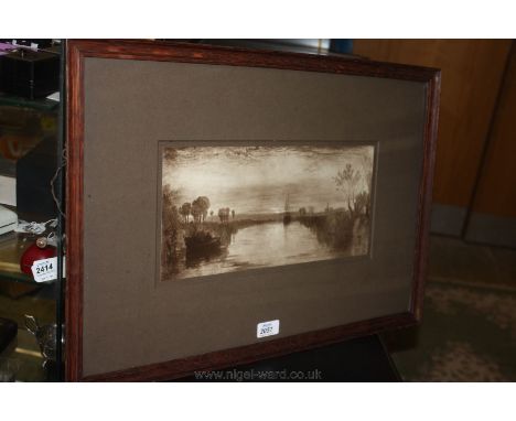 A framed and mounted Print of a river scene with a tall Ship anchored and figures in a rowing boat, print size 14'' x 6 1/2''