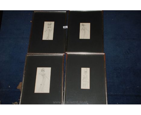 Four framed and mounted Drawings depicting ladies in costume designed for My Fair Lady 73 by B.J. Beasley - each 3 1/4'' x 7'