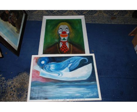 An Oil on board of flying figure, signed J. Melersh, together with an Oil on canvas portrait of a clown, indistinctly signed