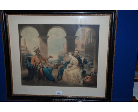 A framed and mounted Print of an Indian Prince in conversation with a British couple seated on a Palace verandah, 22'' x 18 1