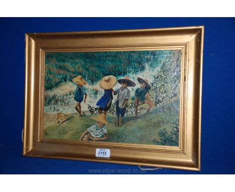 A small Oil on board depicting oriental children on a riverbank with birds, signed lower left K Vernall dated 1948 14'' x 9''