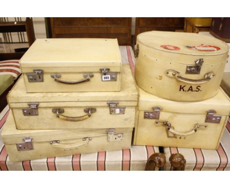  Vintage vellum luggage   of varying sizes, the trunk bearing Drew  &  Co 