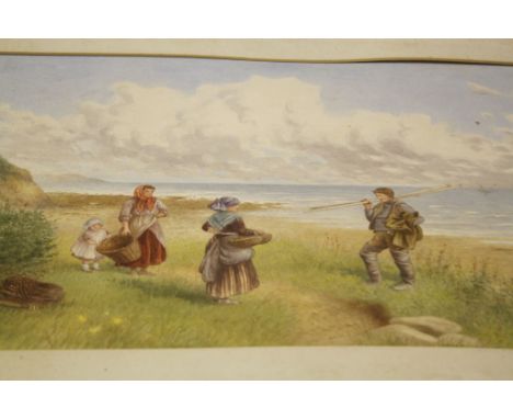  R.. E..Booth (19th Century) 'The Way by the Cliff' 'On the Shore' Watercolours, a pair  Signed  Unframed  34cm x 51.5cm (2) 