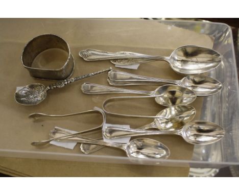  A quantity of assorted silver spoons,   a silver napkin ring etc  