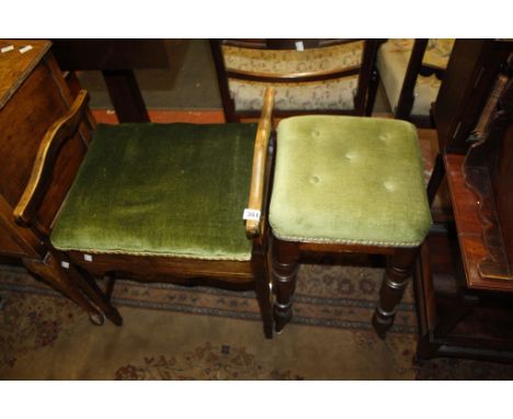  A piano stool   with hinged upholstered seat, further stool, set of hanging shelves and a corner shelf and two tier occasion