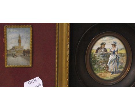  A portrait miniature of a gentleman,   oval, 6cm x 4.5cm, a miniature oil of 'Piazza della Signoria' Florence, 5cm x 3cm and