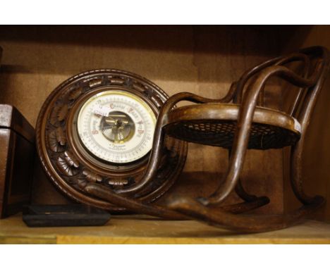  An oak aneroid barometer  , a miniature bentwood rocking chair, a tea caddy, a satinwood banded box and a small 3D relief pa