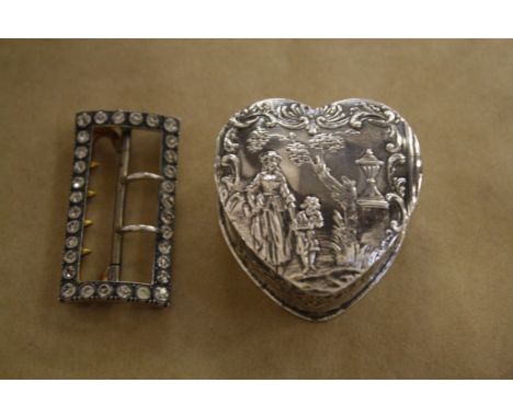  A Victorian silver heart shaped trinket box  , maker Edwin Thomson Bryant and   a foreign silver buckle   (2) 