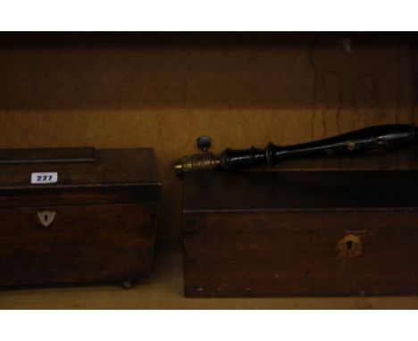 An oak sarcophagus shaped tea caddy  , on bun feet, 29cm wide, a rectangular work box, 41cm wide and a table lamp (sold as p